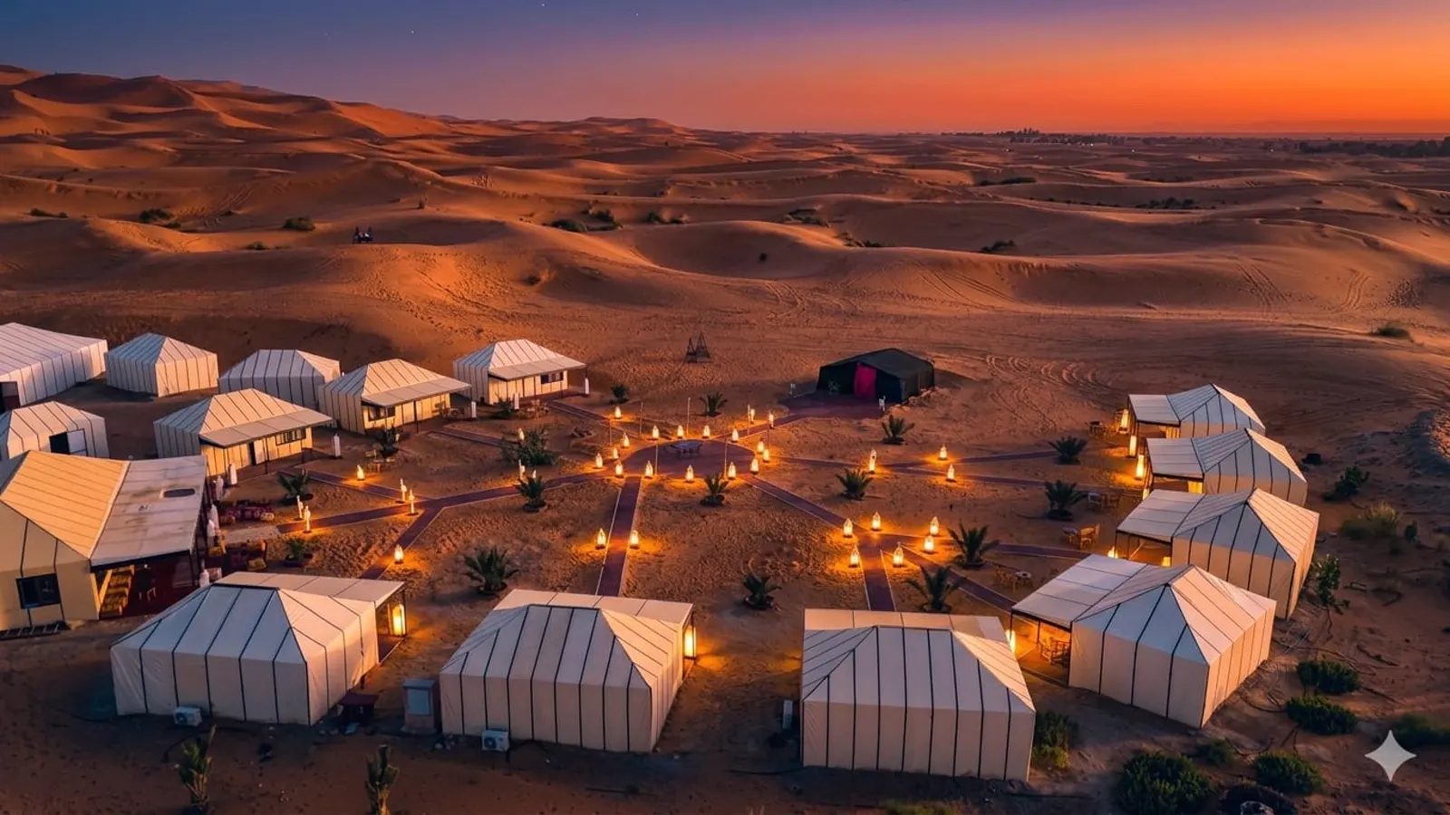 Campamento Merzouga Glamping con tiendas iluminadas entre las dunas al atardecer